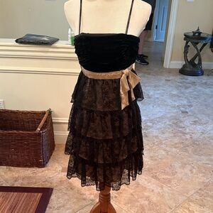 Laundry Black and Gold Lace Tiered Mini Cocktail Dress